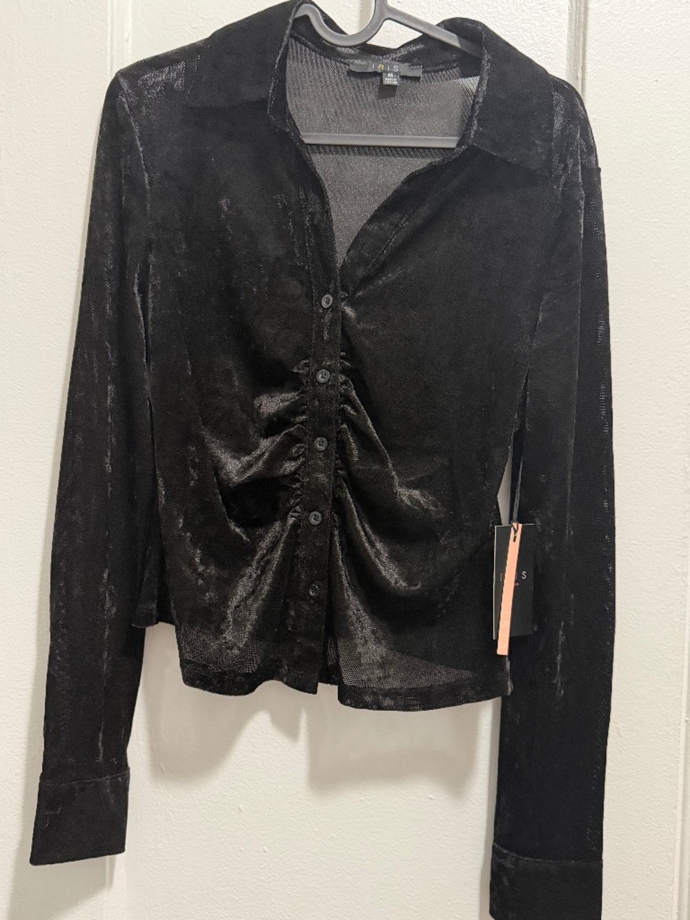 iris Black Velvet Button-Up Long Sleeve Top